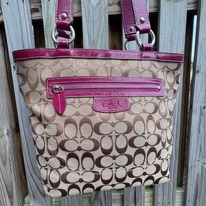 Coach Beige Signature Canvas Tote with Pink Trim